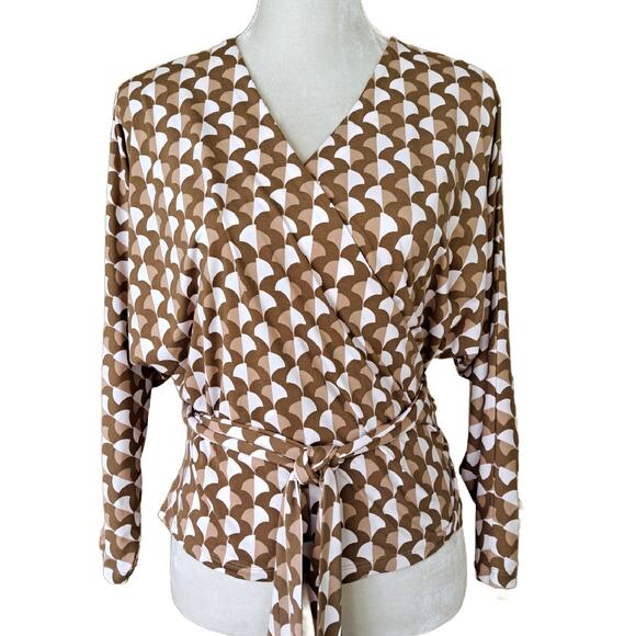 J McLaughlin Jersey Tie Waist Wrap Top Medium Retro Brown Dolman Sleeve Fall - Picture 2 of 8